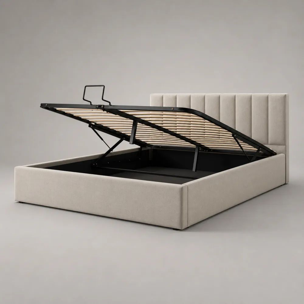 Polsterbett mit Bettkasten 160 x 200 cm, Polyesterbezug, Stahlrahmen und Lattenrost, Beige