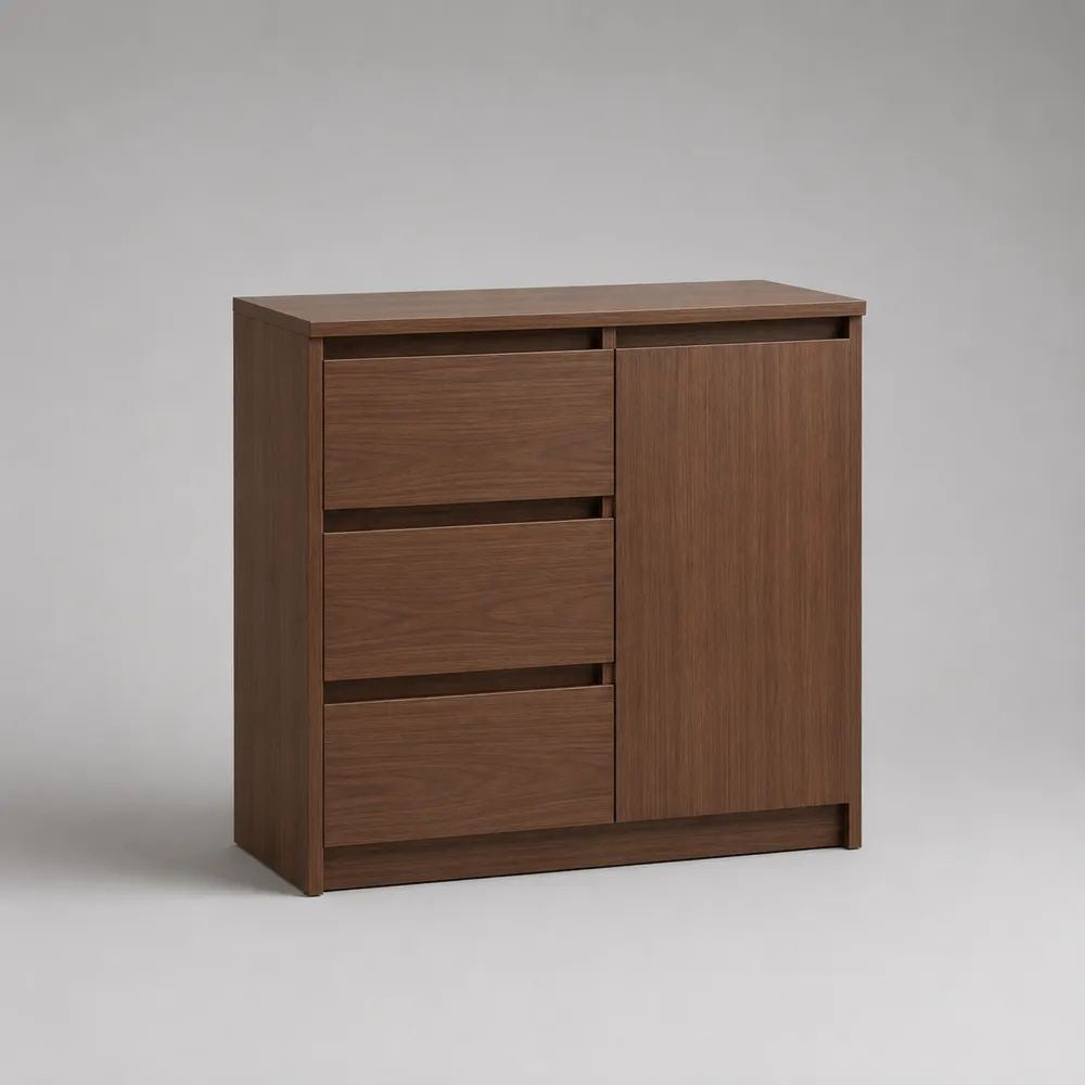 Kommode aus Spanplatte mit 3 Schubladen und 1 Tür, Walnussbraun, 90 × 40 × 90 cm