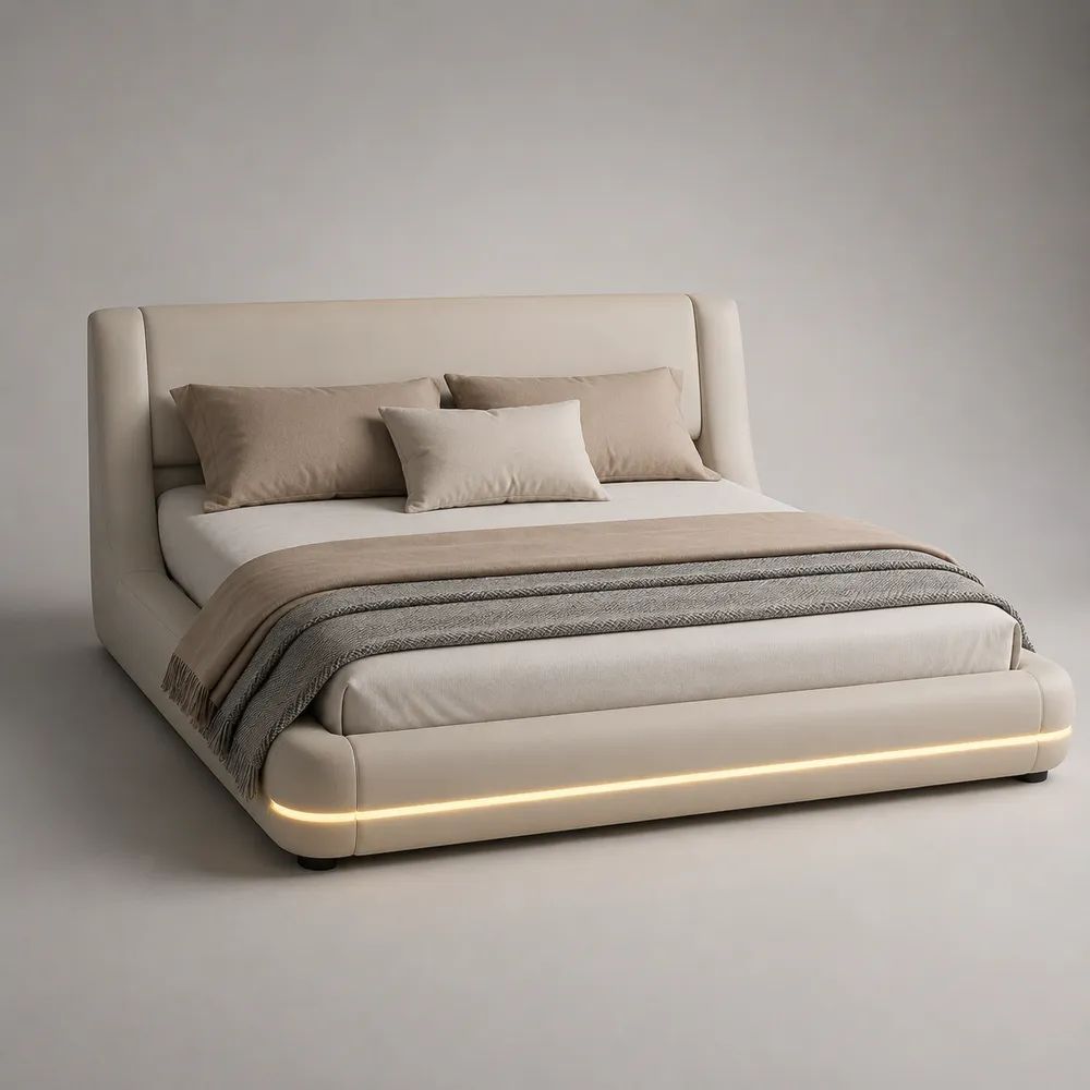 Stauraum-Polsterbett mit LED-Beleuchtung, Polyester-Chenille, Creme, Liegefläche 180 x 200 cm, Außenmaße 225 x 205 x 110 cm