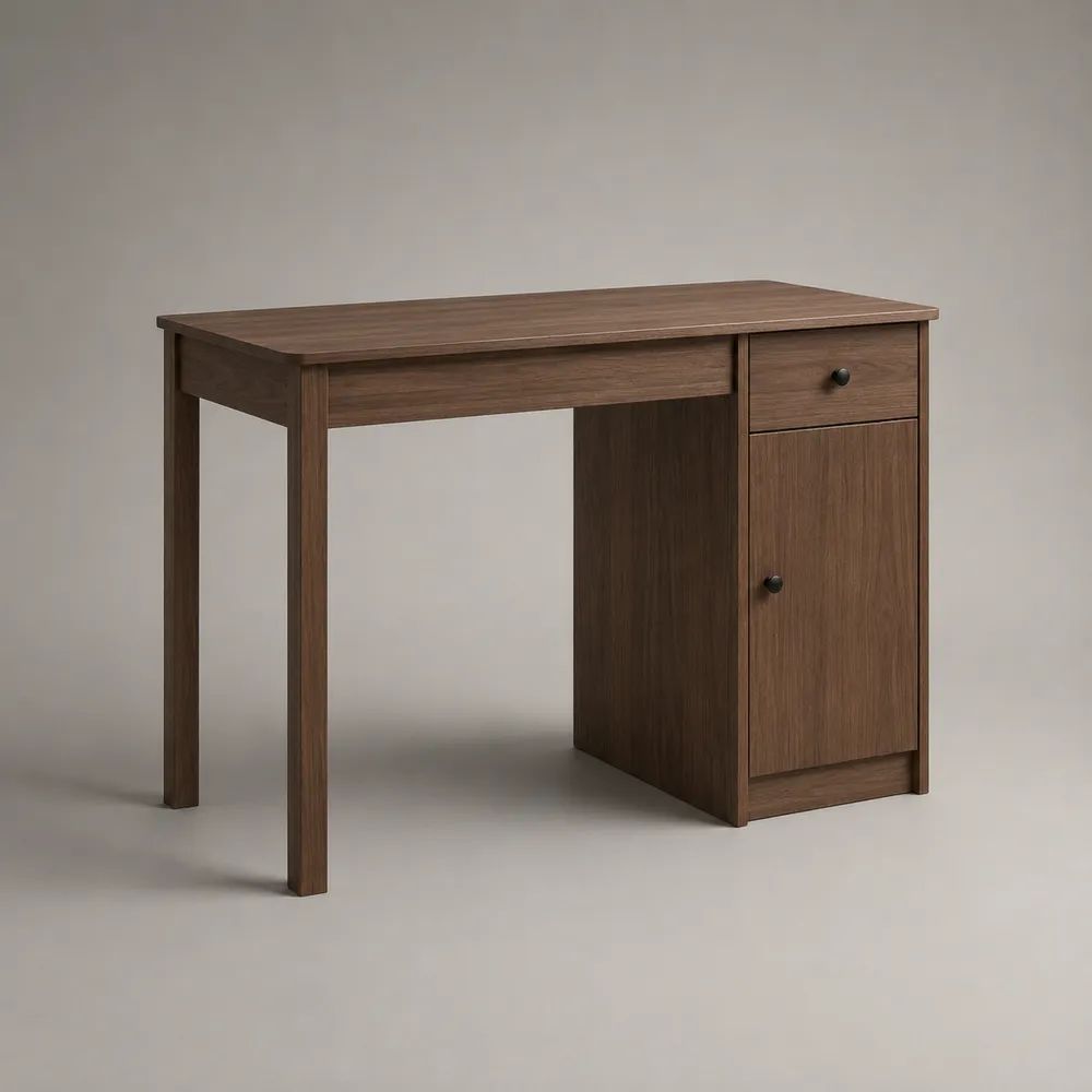 Rechteckiger Schreibtisch aus Spanplatte und Kautschukholz mit Schublade und Schrankfach, Walnussbraun/Schwarz, 100 × 50 × 75 cm