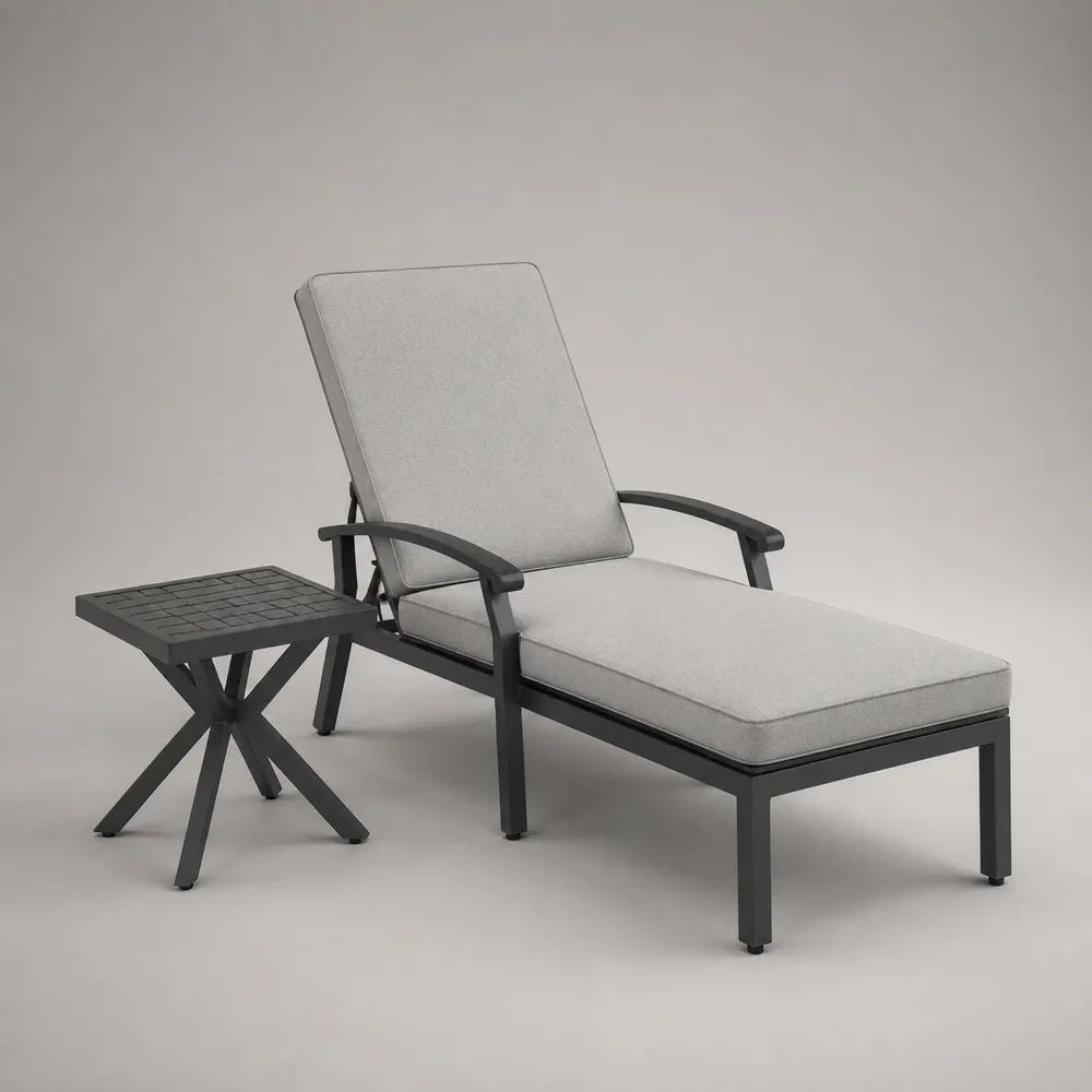 2-teiliges Gartenliegen-Set mit Beistelltisch, verstellbare Aluminium-Liege mit Auflagen, Hellgrau/Anthrazit, Liege 195 x 68 x 95 cm, Tisch 45 x 45 x 45 cm