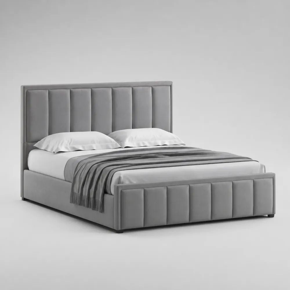Polsterbett mit Bettkasten 160 × 200 cm aus Samtstoff, MDF und Stahl, Grau/Schwarz