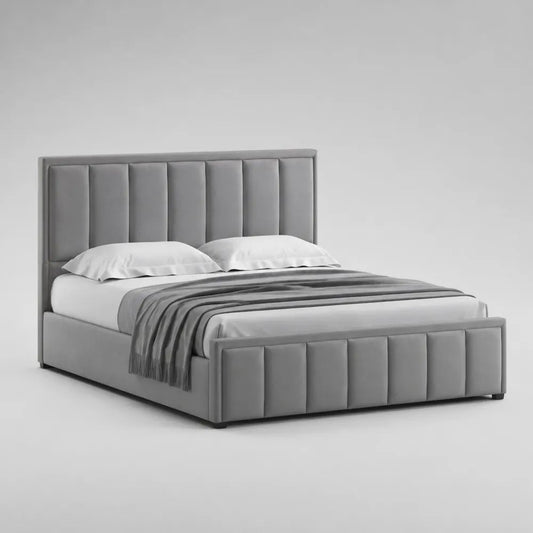 Polsterbett mit Bettkasten 160 × 200 cm aus Samtstoff, MDF und Stahl, Grau/Schwarz