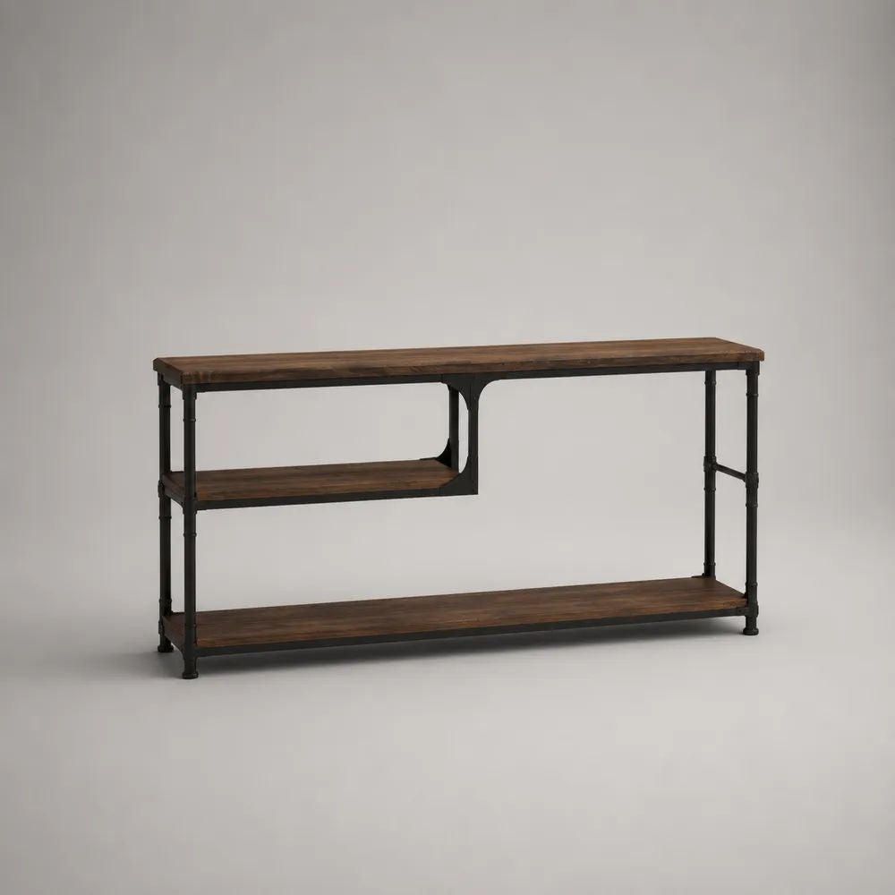 Konsolentisch mit 3 Ablagen aus massivem Kiefernholz und Stahl, Dunkelbraun/Schwarz, 140 x 35 x 80 cm