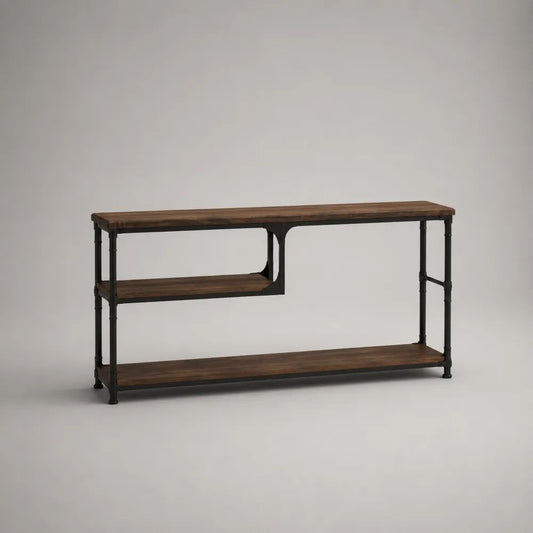 Konsolentisch mit 3 Ablagen aus massivem Kiefernholz und Stahl, Dunkelbraun/Schwarz, 140 x 35 x 80 cm
