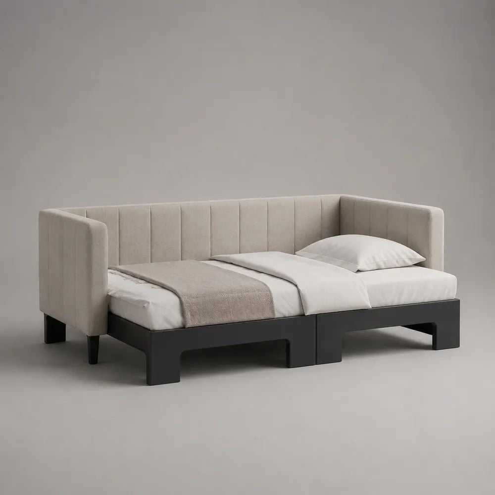 Gepolstertes Tagesbett mit Polyesterbezug, Beige/Schwarz, 218 × 105 × 88 cm, Liegefläche 90 × 200 cm