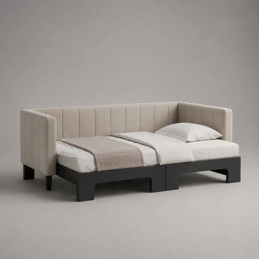 Gepolstertes Tagesbett mit Polyesterbezug, Beige/Schwarz, 218 × 105 × 88 cm, Liegefläche 90 × 200 cm