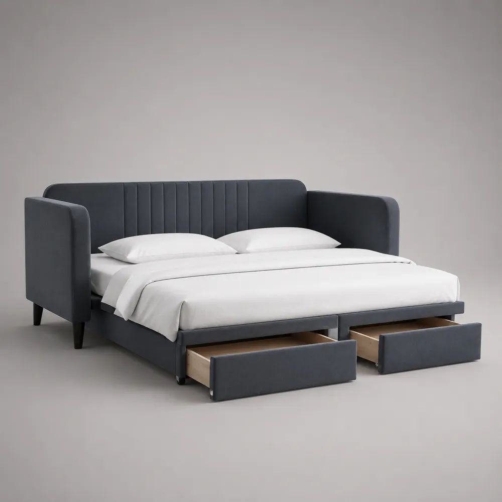 Schlafsofa mit 2 Schubladen, Polyester-Samtbezug und Massivholzrahmen, 214 x 153 x 88 cm, Liegefläche 140 x 200 cm, Dunkelgrau