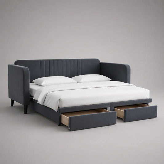 Schlafsofa mit 2 Schubladen, Polyester-Samtbezug und Massivholzrahmen, 214 x 153 x 88 cm, Liegefläche 140 x 200 cm, Dunkelgrau