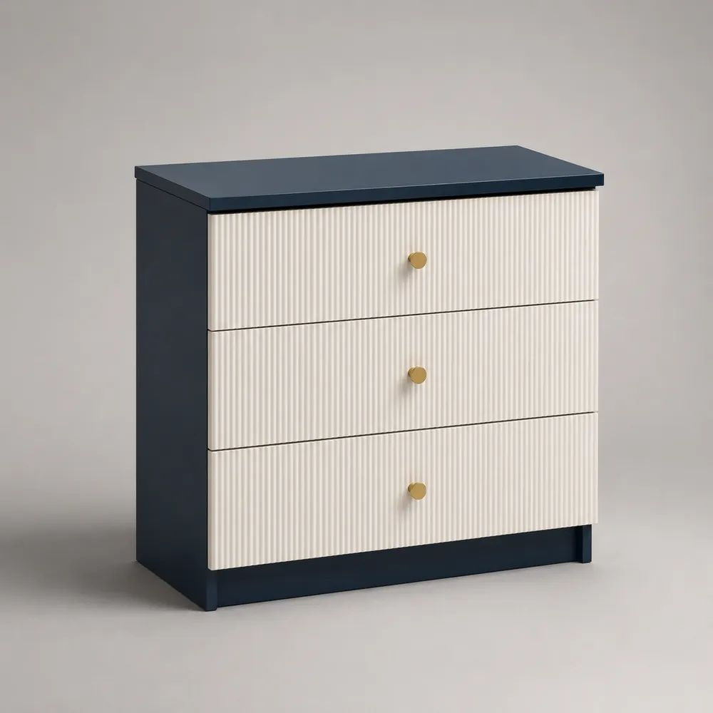 Kommode mit 3 Schubladen aus MDF und Spanplatte, Dunkelblau/Weiß/Goldfarben, 80 × 40 × 80 cm