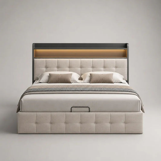 Polsterbett mit Bettkasten, LED-Kopfteil und Ablage, Doppelbett aus Polyester, Holz und Metall, Beige/Anthrazit, 160 x 200 cm
