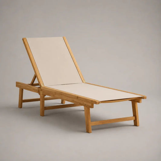 Verstellbare Sonnenliege aus massivem Akazienholz und PVC-beschichtetem Polyestergewebe, Natur/Beige, 200 x 70 x 35–92 cm