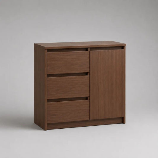 Kommode aus Spanplatte mit 3 Schubladen und 1 Tür, Walnussbraun, 90 × 40 × 90 cm