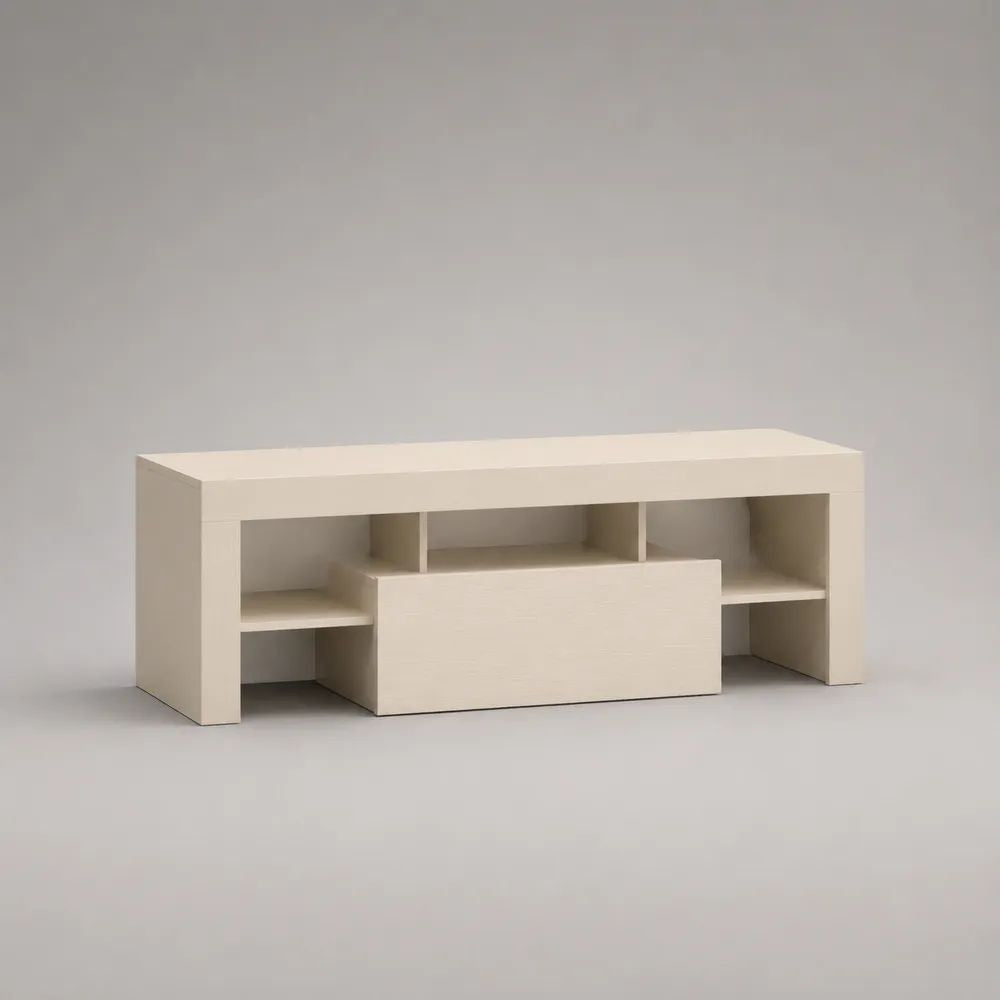 TV-Lowboard aus melaminharzbeschichteter Spanplatte mit Schiebetür und offenen Fächern, Cremeweiß, 140 × 35 × 55 cm