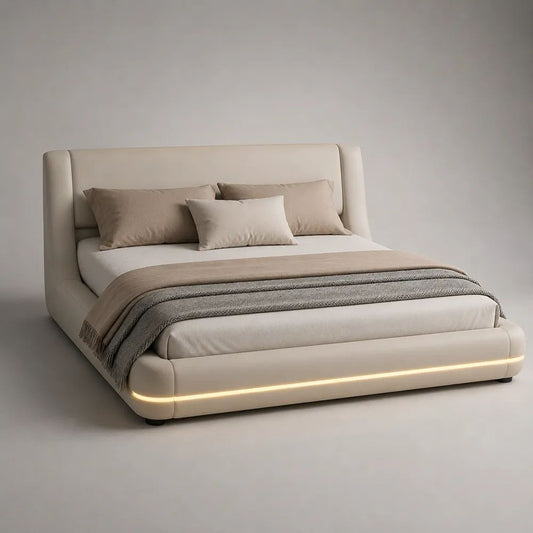 Stauraum-Polsterbett mit LED-Beleuchtung, Polyester-Chenille, Creme, Liegefläche 180 x 200 cm, Außenmaße 225 x 205 x 110 cm