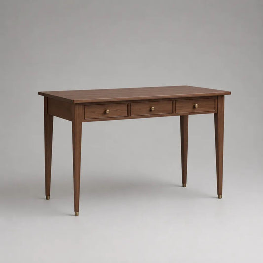 Rechteckiger Schreibtisch aus MDF und Massivholz mit 3 Schubladen, Walnussbraun/Messingfarben, 110 × 55 × 76 cm