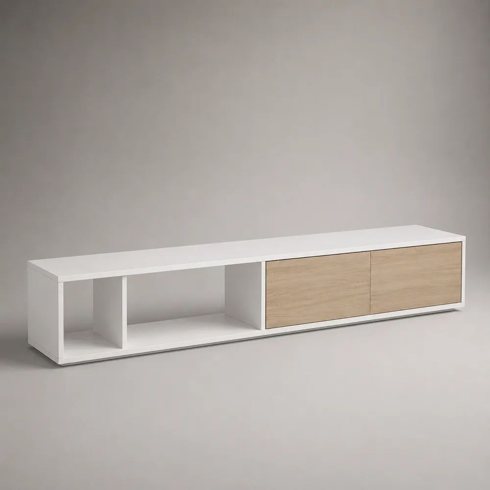 TV-Lowboard aus melaminbeschichteter Spanplatte mit 2 Türen und 2 offenen Fächern, Weiß/Eiche Natur, 200 × 40 × 45 cm