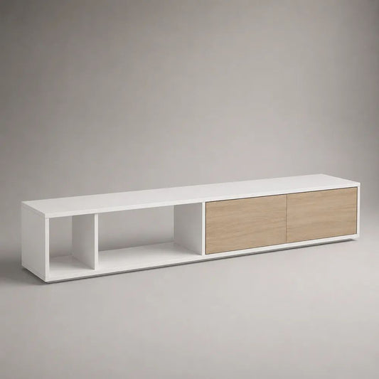 TV-Lowboard aus melaminbeschichteter Spanplatte mit 2 Türen und 2 offenen Fächern, Weiß/Eiche Natur, 200 × 40 × 45 cm
