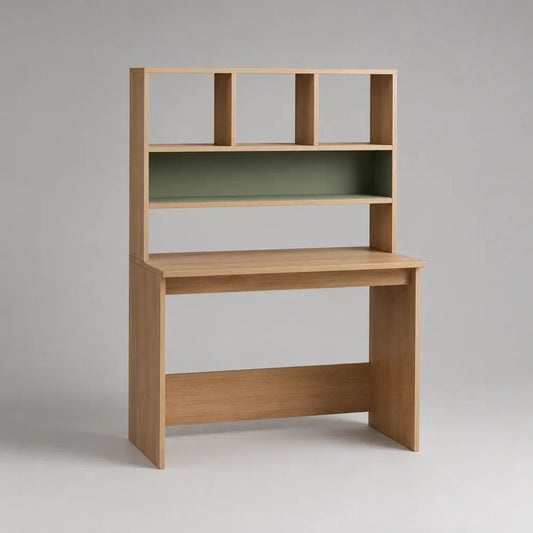 Rechteckiger Schreibtisch mit Regalaufsatz aus melaminbeschichteter Spanplatte, Eiche Natur/Grün, 100 × 55 × 160 cm