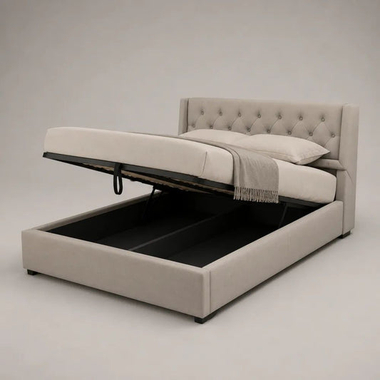 Stauraumbett 160 x 200 cm mit Bettkasten, Hub-Lattenrost und Polyesterbezug, Beige/Schwarz