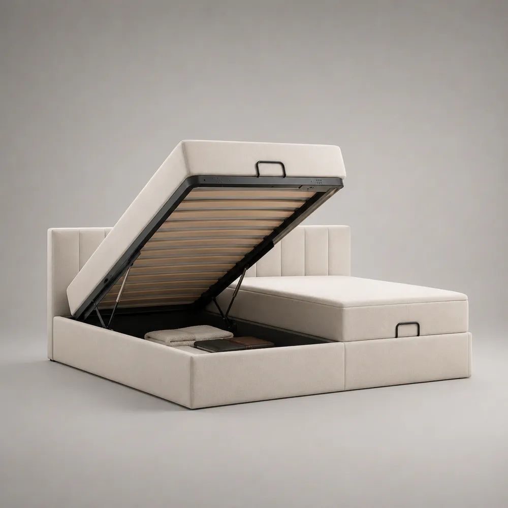 Stauraumbett Doppelbett mit Stoffbezug, geteiltem Metall-Lattenrost und Kopfteil, Cremeweiß, Liegefläche 180 × 200 cm, Gesamtmaß 190 × 215 × 110 cm