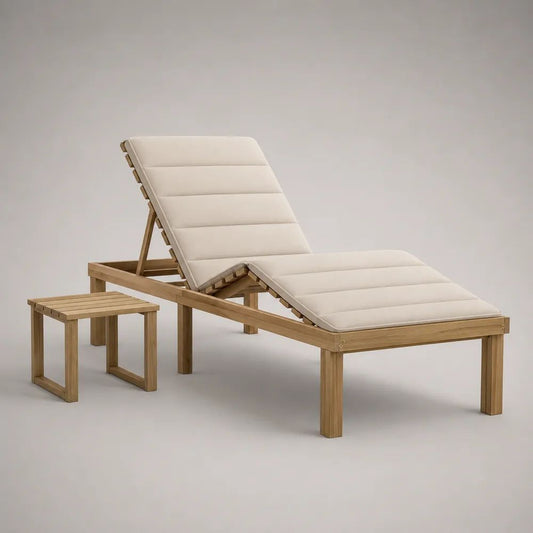2-teiliges Gartenliegen-Set aus massivem Akazienholz mit Beistelltisch, verstellbarer Rückenlehne und beiger Auflage, Liege 200 × 65 × 35–95 cm