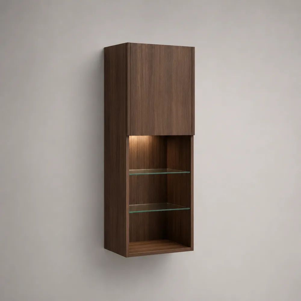 Hängeregal mit Schrankfach und LED-Beleuchtung aus MDF mit Walnussfurnier und Sicherheitsglas, Dunkelbraun, 40 × 30 × 120 cm