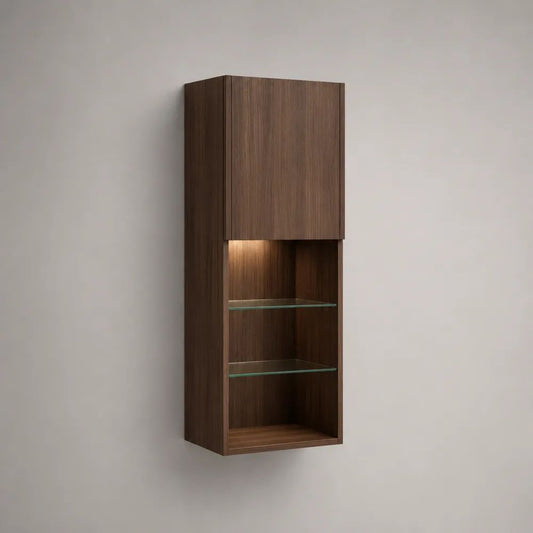 Hängeregal mit Schrankfach und LED-Beleuchtung aus MDF mit Walnussfurnier und Sicherheitsglas, Dunkelbraun, 40 × 30 × 120 cm