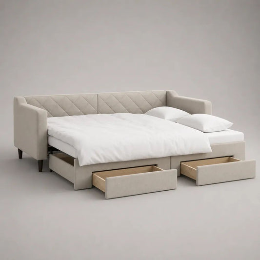 3-Sitzer-Schlafsofa mit Ausziehbett und 3 Schubladen, Polyester-Samtbezug, Beige/Dunkelbraun, 225 × 95 × 88 cm, Liegefläche 160 × 200 cm
