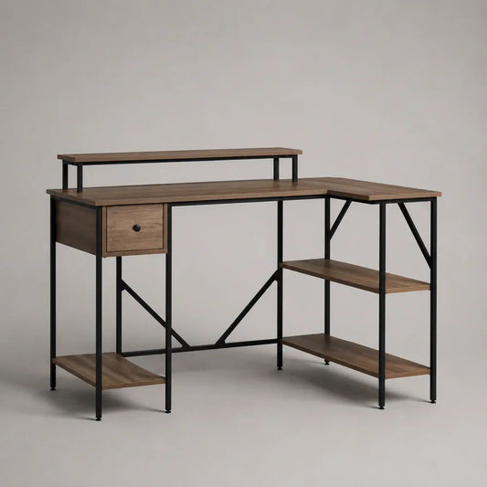 Schreibtisch mit Regal und Schublade aus Spanplatte und Stahl, Braun/Schwarz, 120 × 60 × 120 cm